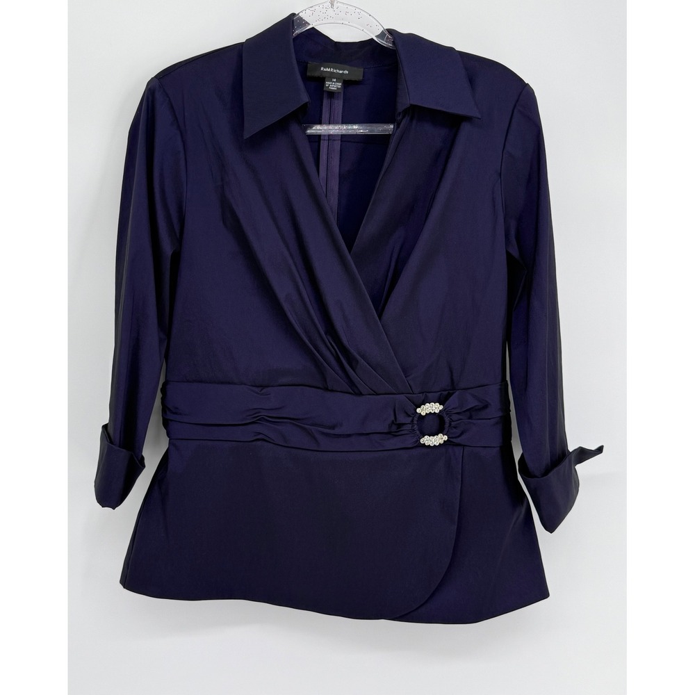 R&M Richards Navy Blue Ruched Wrap Blouse Rhinestone Buckle Size 14